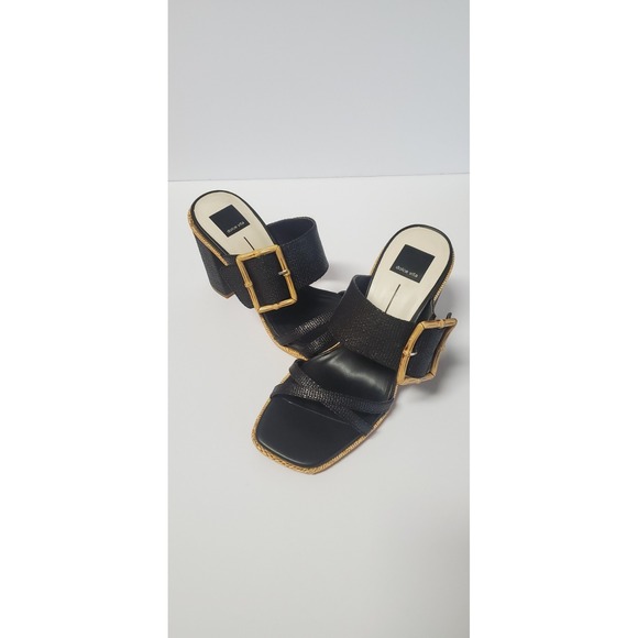 Dolce Vita Sandals Onnie Strappy 9.5 Buckle Woven Black & Tan Raffia Square Toe - Picture 6 of 11